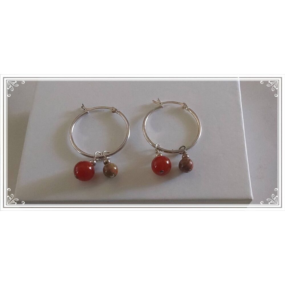 American West Jewelry 925SS Hoops w/Red Carnelian & Tigers Eye Ball Bead Charms